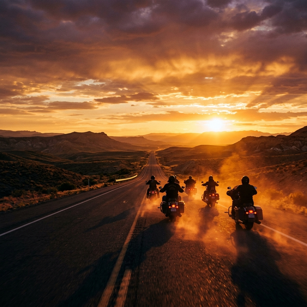 Motociclistas na estrada ao pôr do sol