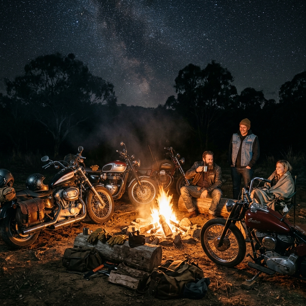 Motos ao redor de uma fogueira